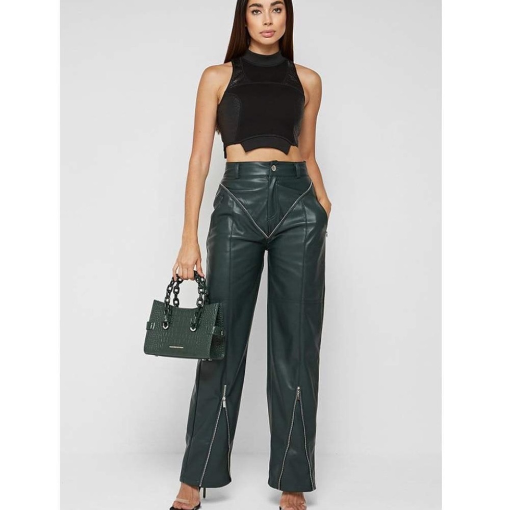 ZIP DETAIL VEGAN LEATHER TROUSERS - FOREST GREEN